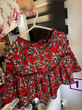 SHEIN Red Floral Tiered Mini Skirt